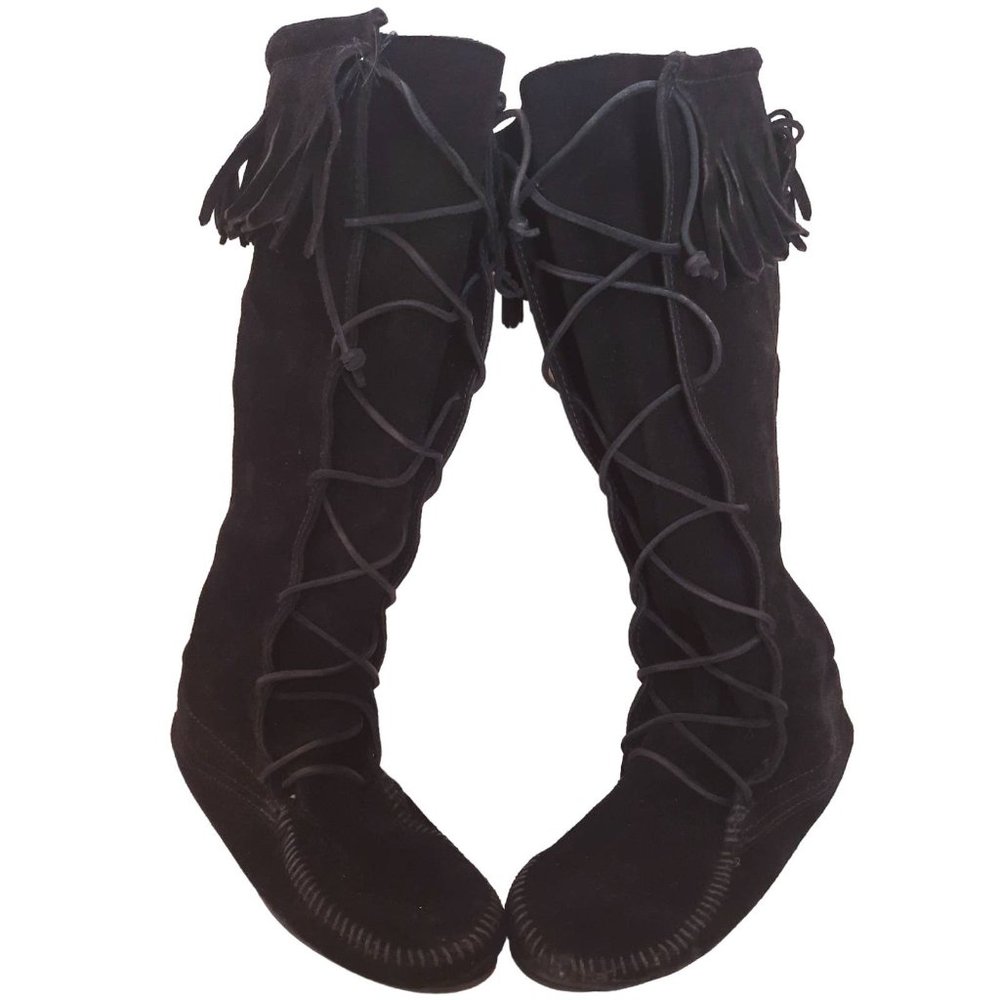 Minnetonka Knee High Lace Up Fringe Black Suede Leather Boots - Size 10 (AA)